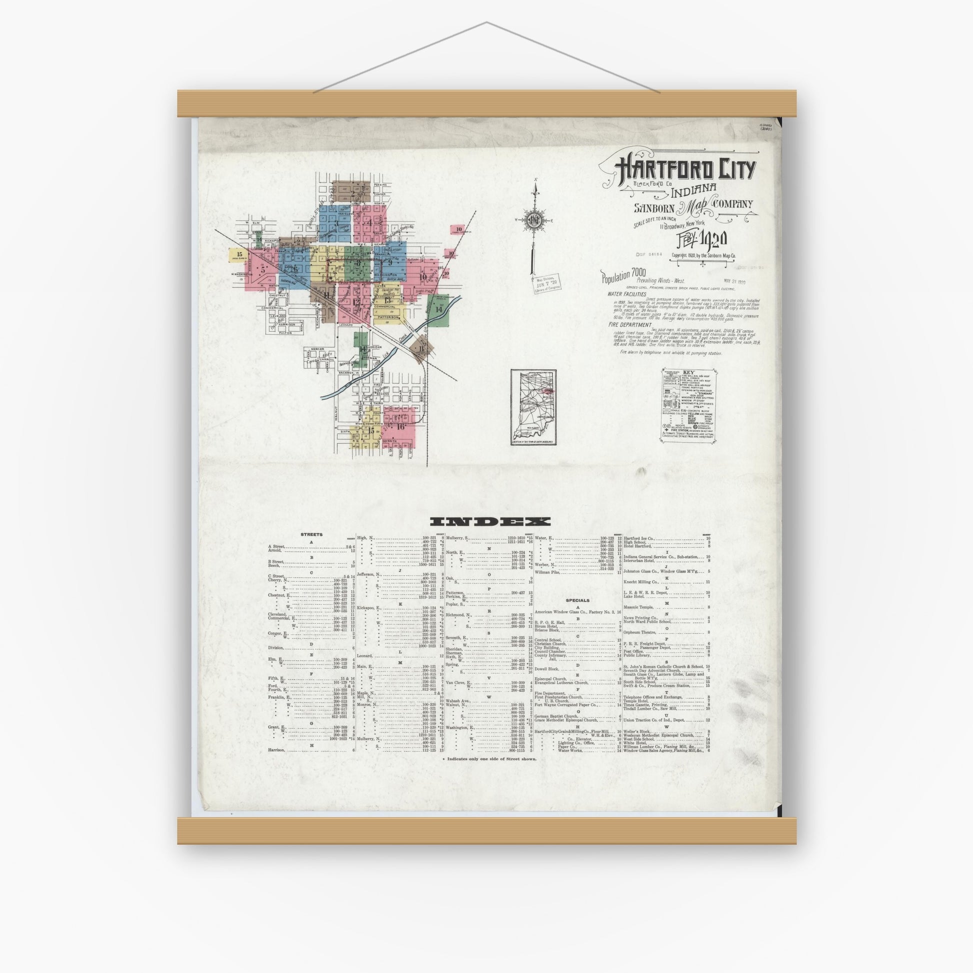 Old map wall art mockup — magnetic wood frame on white wall — Sanborn Fire Insurance Map from Hartford City, Blackford County, Indiana (1920) - Complete Map Set