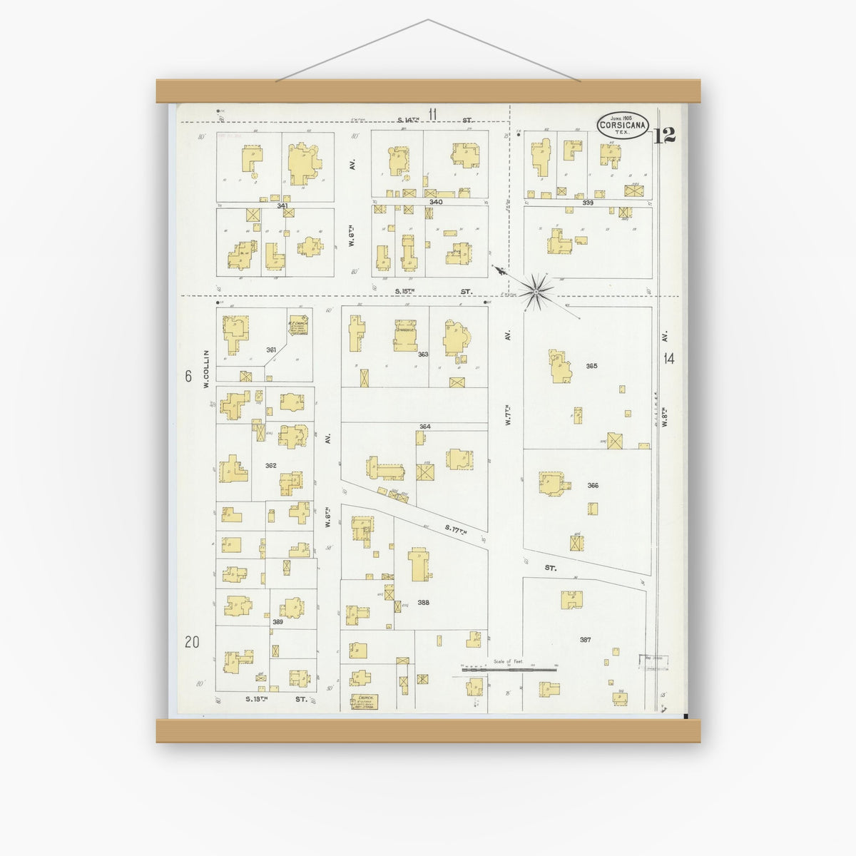 Old map wall art mockup — magnetic wood frame on white wall — Sanborn Fire Insurance Map from Corsicana, Navarro County, Texas (1905), Sheet #0012