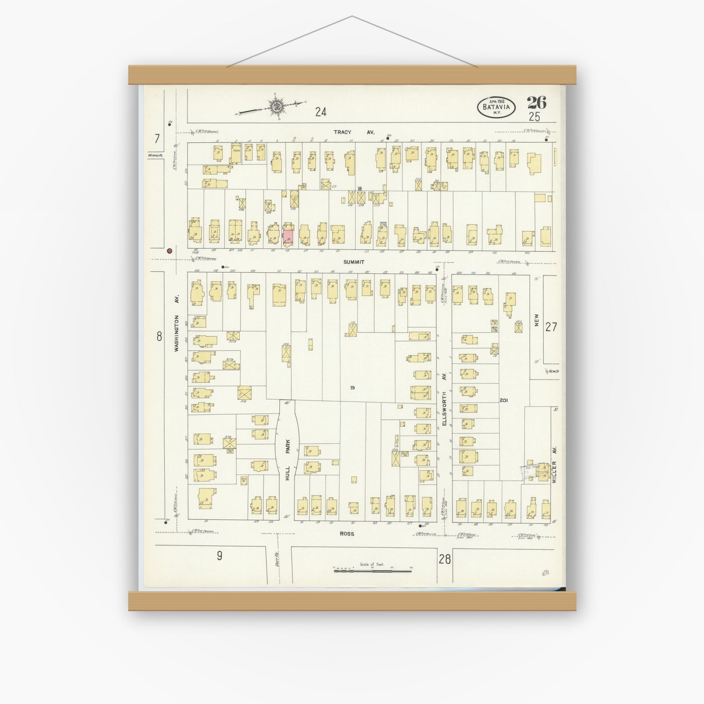 Old map wall art mockup — magnetic wood frame on white wall — Sanborn Fire Insurance Map from Batavia, Genesee County, New York (1912), Sheet #0026