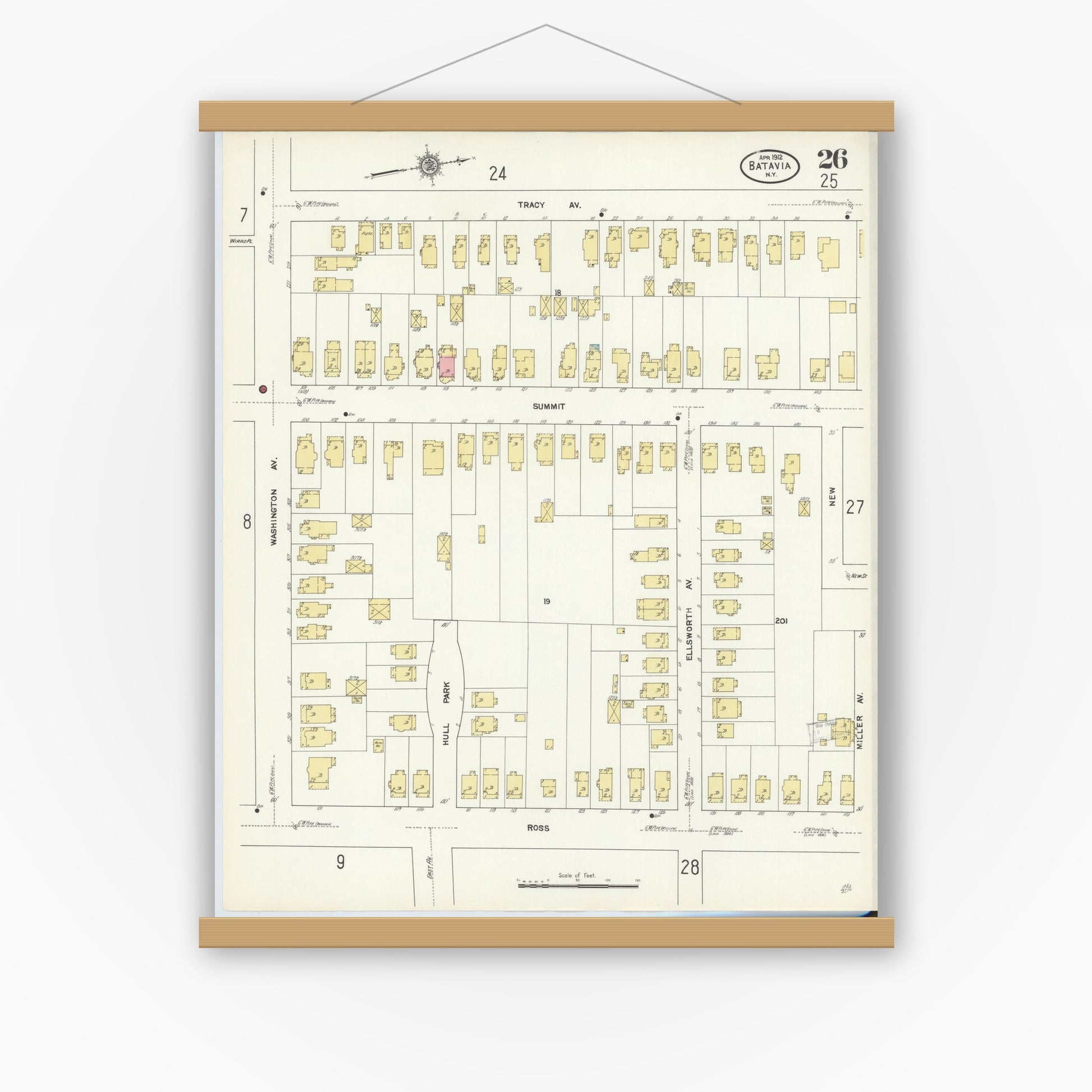 Old map wall art mockup — magnetic wood frame on white wall — Sanborn Fire Insurance Map from Batavia, Genesee County, New York (1912), Sheet #0026