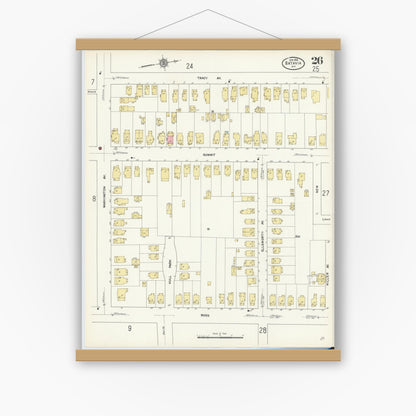 Old map wall art mockup — magnetic wood frame on white wall — Sanborn Fire Insurance Map from Batavia, Genesee County, New York (1912), Sheet #0026