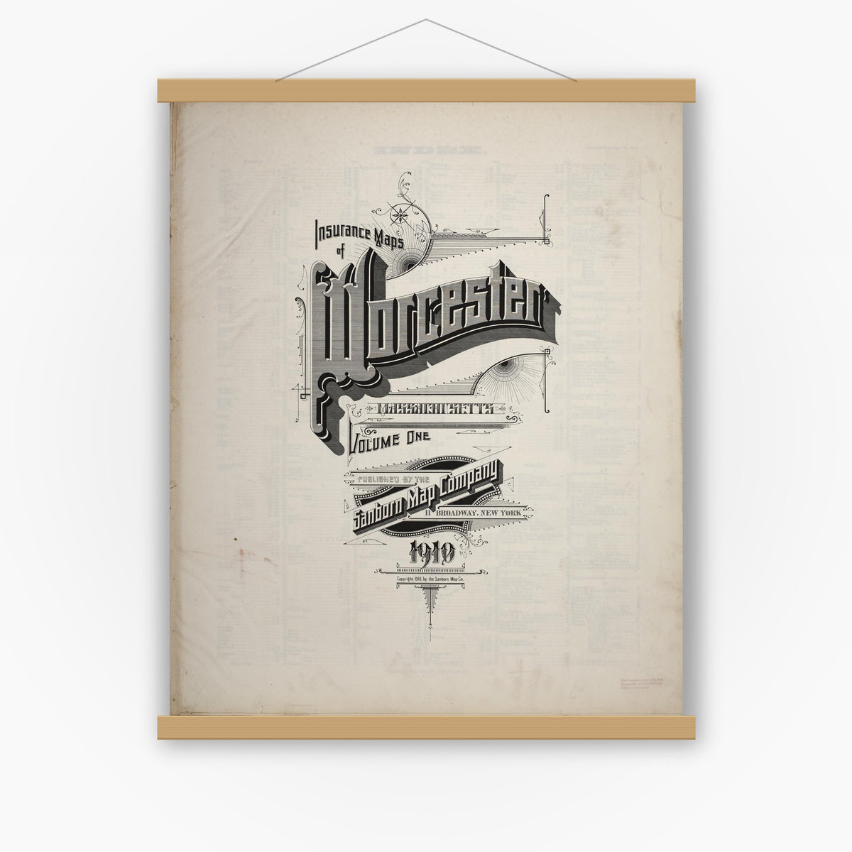 Old map wall art mockup — magnetic wood frame on white wall — Sanborn Fire Insurance Map from Worcester, Worcester County, Massachusetts (1910), Sheet #0001