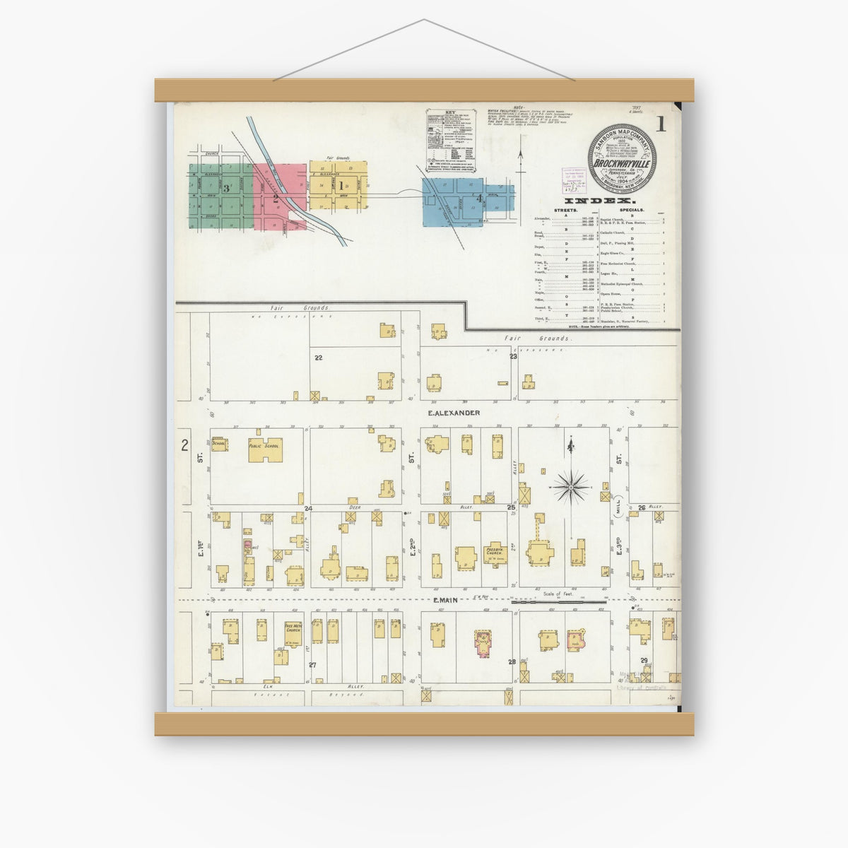 Old map wall art mockup — magnetic wood frame on white wall — Sanborn Fire Insurance Map from Brockway, Jefferson County, Pennsylvania (1904), Sheet #0001