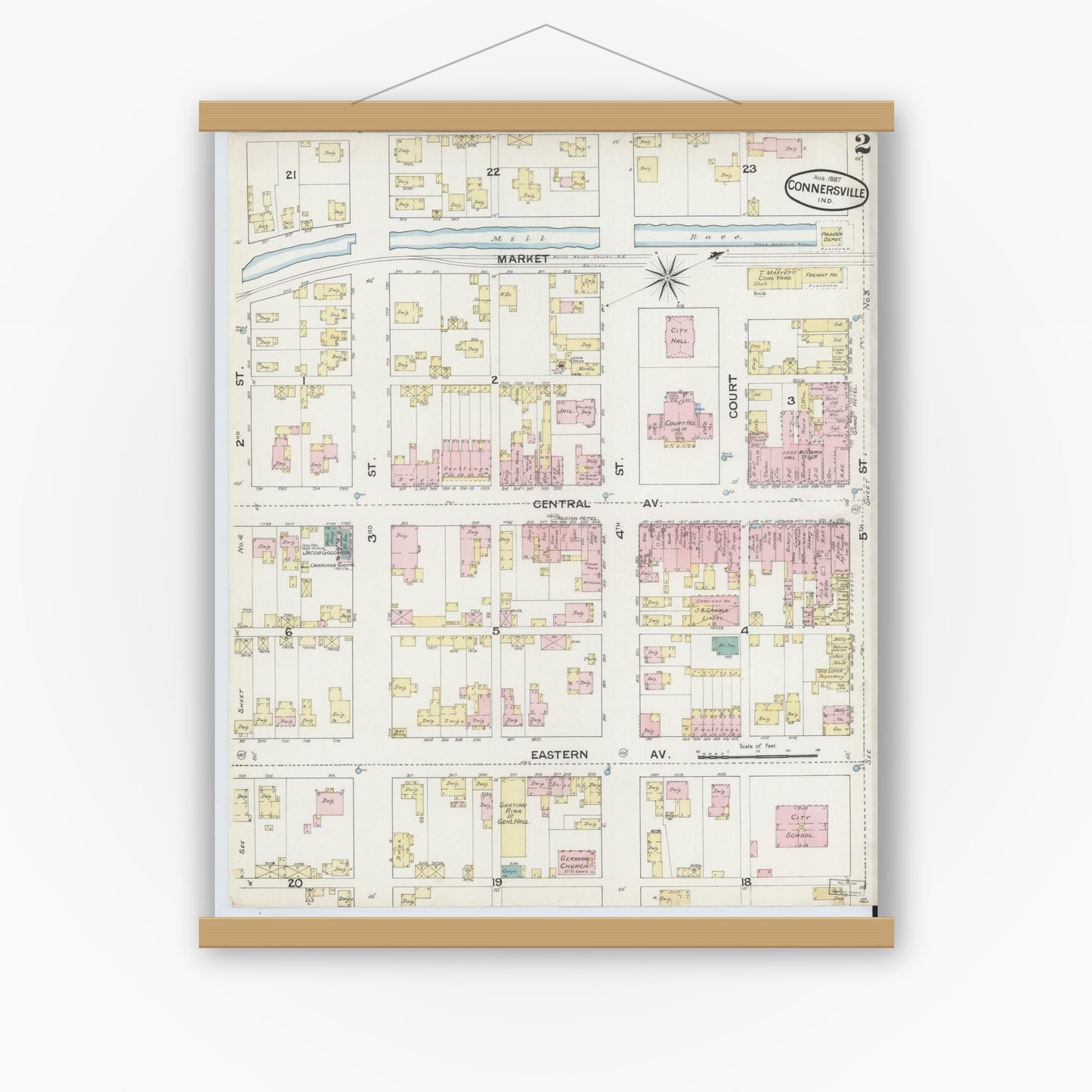 Old map wall art mockup — magnetic wood frame on white wall — Sanborn Fire Insurance Map from Connersville, Fayette County, Indiana (1887), Sheet #0002