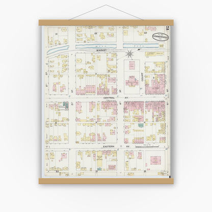 Old map wall art mockup — magnetic wood frame on white wall — Sanborn Fire Insurance Map from Connersville, Fayette County, Indiana (1887), Sheet #0002