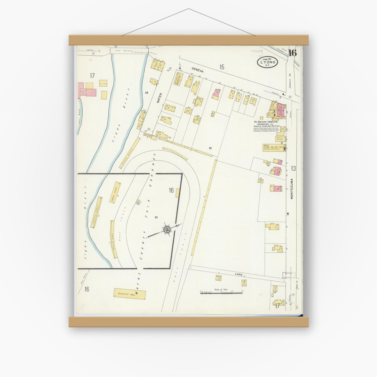 Old map wall art mockup — magnetic wood frame on white wall — Sanborn Fire Insurance Map from Lyons, Wayne County, New York (1911), Sheet #0016