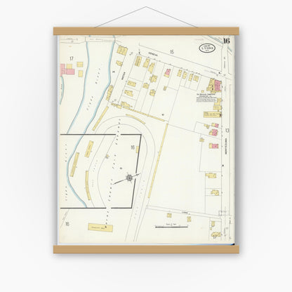 Old map wall art mockup — magnetic wood frame on white wall — Sanborn Fire Insurance Map from Lyons, Wayne County, New York (1911), Sheet #0016