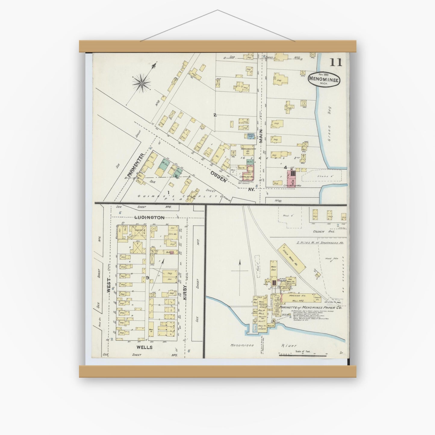 Old map wall art mockup — magnetic wood frame on white wall — Sanborn Fire Insurance Map from Menominee, Menominee County, Michigan (1890), Sheet #0011