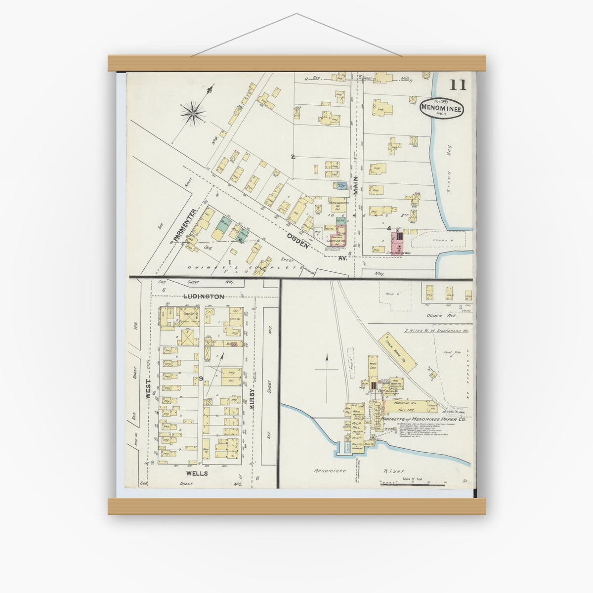 Old map wall art mockup — magnetic wood frame on white wall — Sanborn Fire Insurance Map from Menominee, Menominee County, Michigan (1890), Sheet #0011