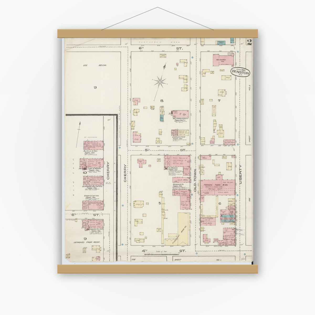 Old map wall art mockup — magnetic wood frame on white wall — Sanborn Fire Insurance Map from Winston-Salem, Forsyth County, North Carolina (1885), Sheet #0002