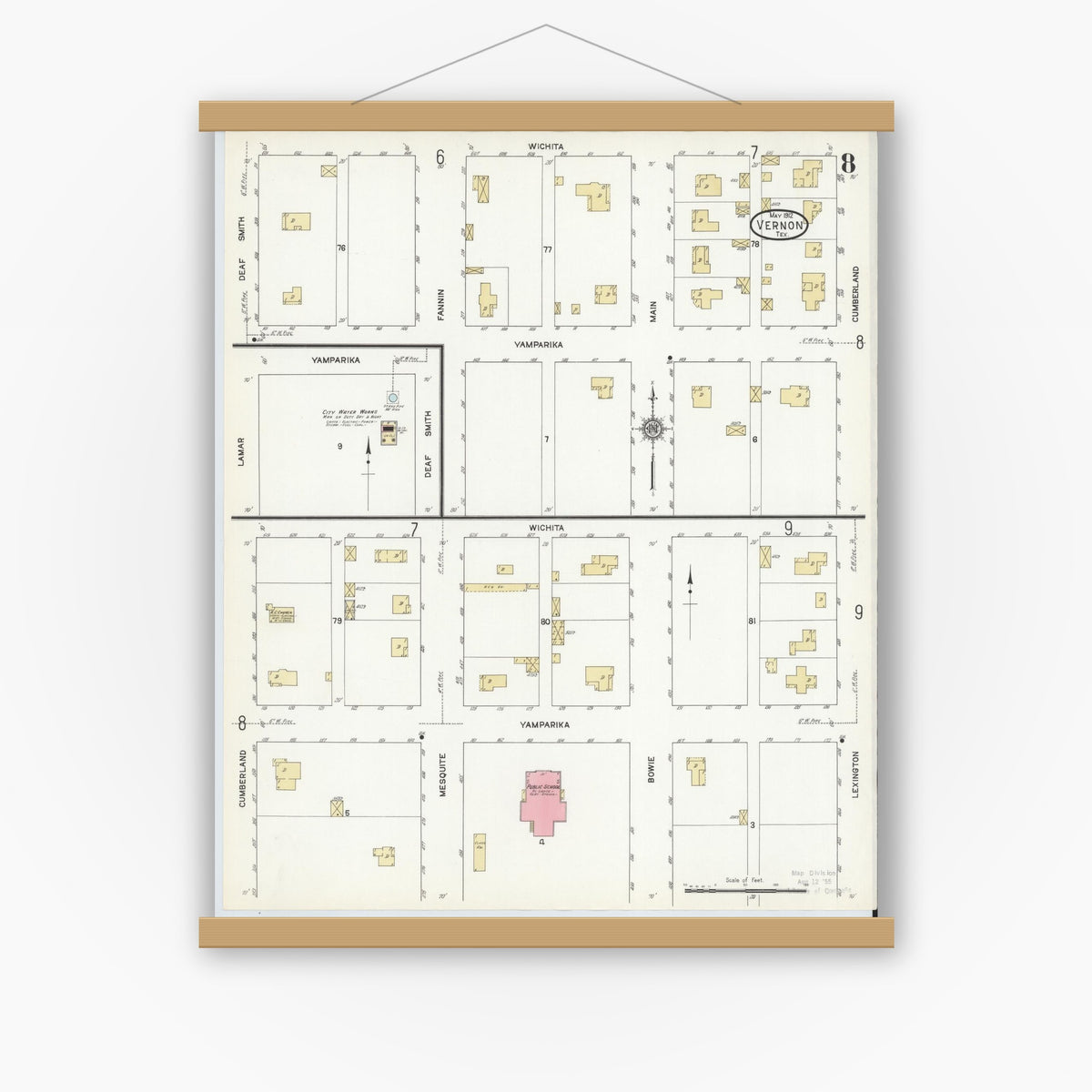 Old map wall art mockup — magnetic wood frame on white wall — Sanborn Fire Insurance Map from Vernon, Wilbarger County, Texas (1912), Sheet #0008