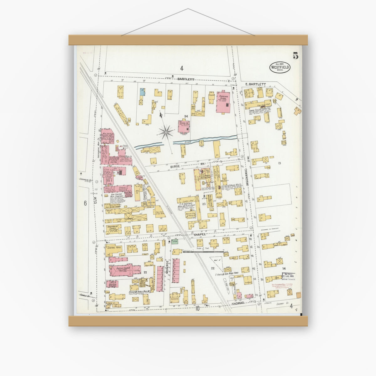 Old map wall art mockup — magnetic wood frame on white wall — Sanborn Fire Insurance Map from Westfield, Hampden County, Massachusetts (1900), Sheet #0005