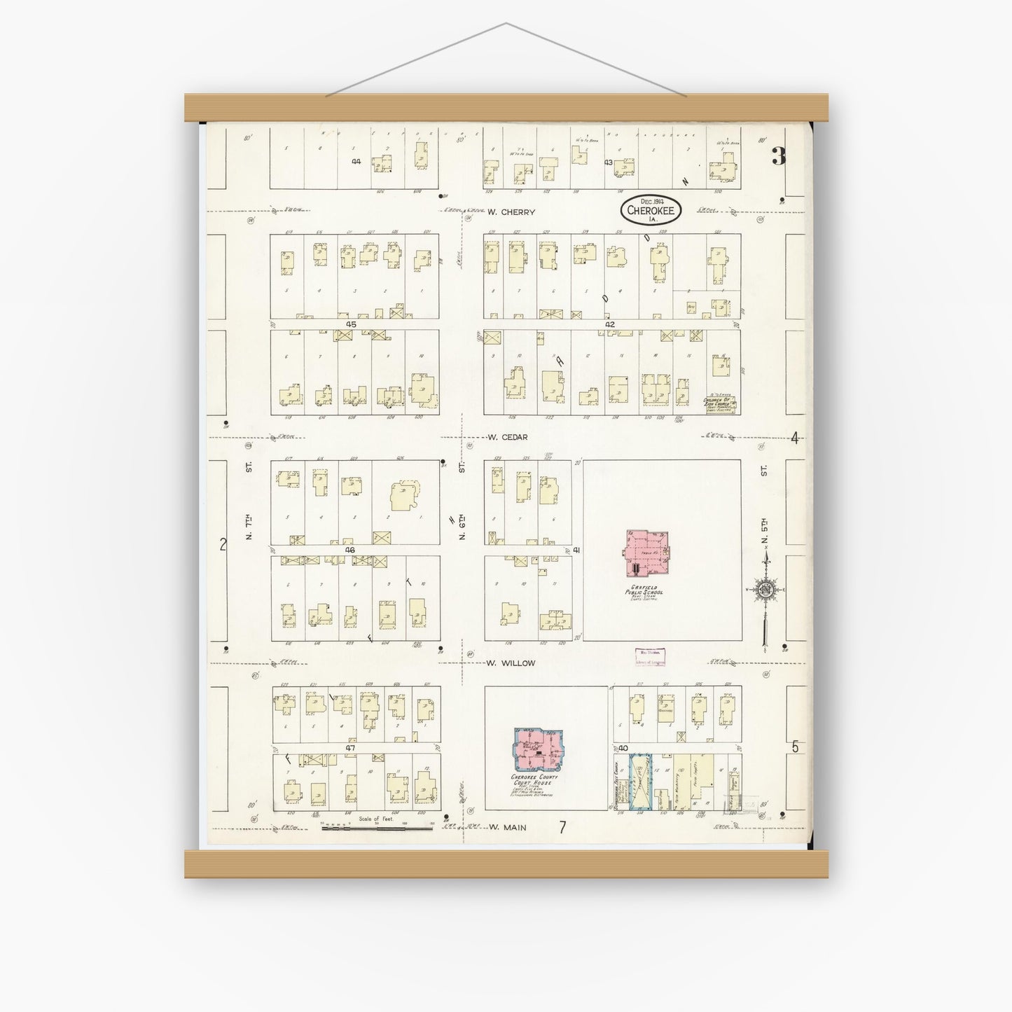 Old map wall art mockup — magnetic wood frame on white wall — Sanborn Fire Insurance Map from Cherokee, Cherokee County, Iowa (1914), Sheet #0003
