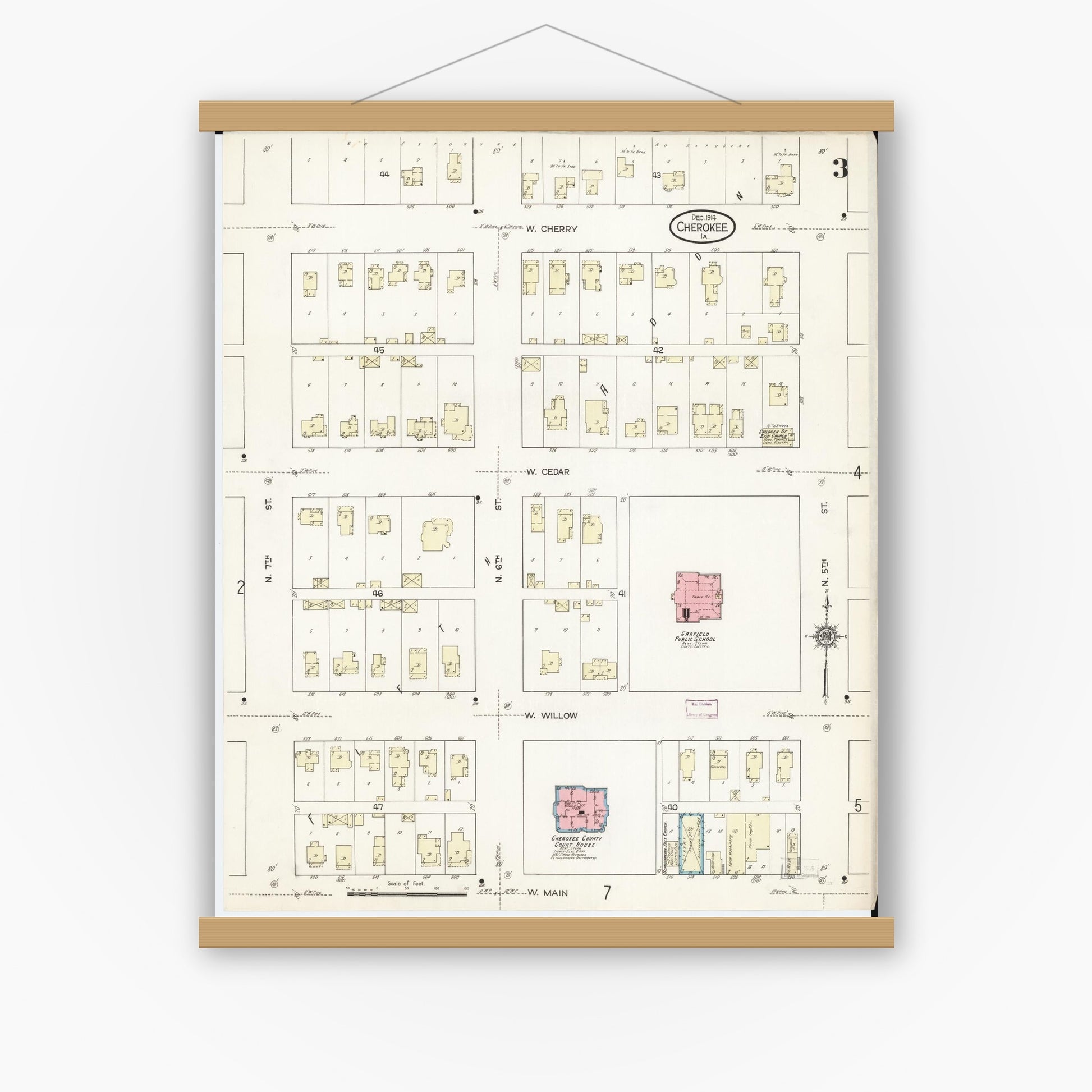 Old map wall art mockup — magnetic wood frame on white wall — Sanborn Fire Insurance Map from Cherokee, Cherokee County, Iowa (1914), Sheet #0003