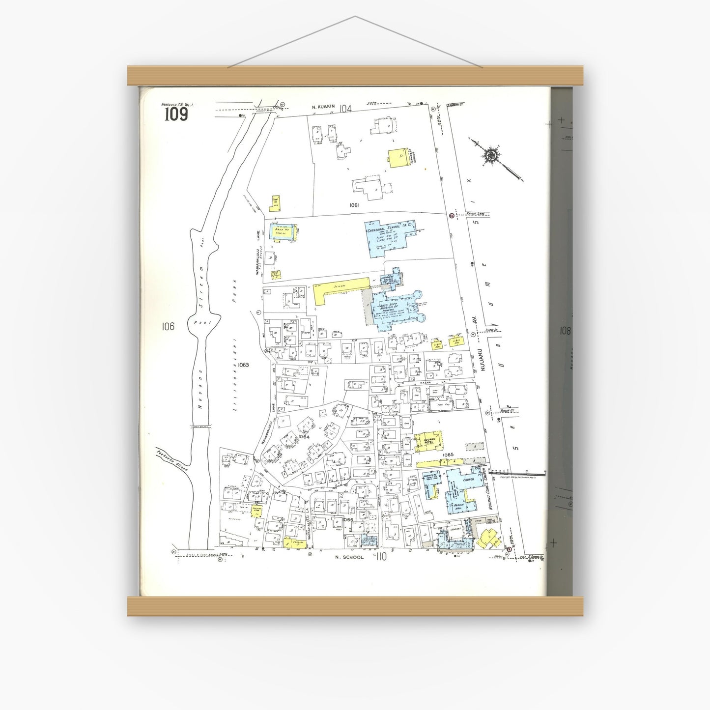 Old map wall art mockup — magnetic wood frame on white wall — Sanborn Fire Insurance Map from Honolulu, Oahu County, Hawaii (1955), Sheet #0109