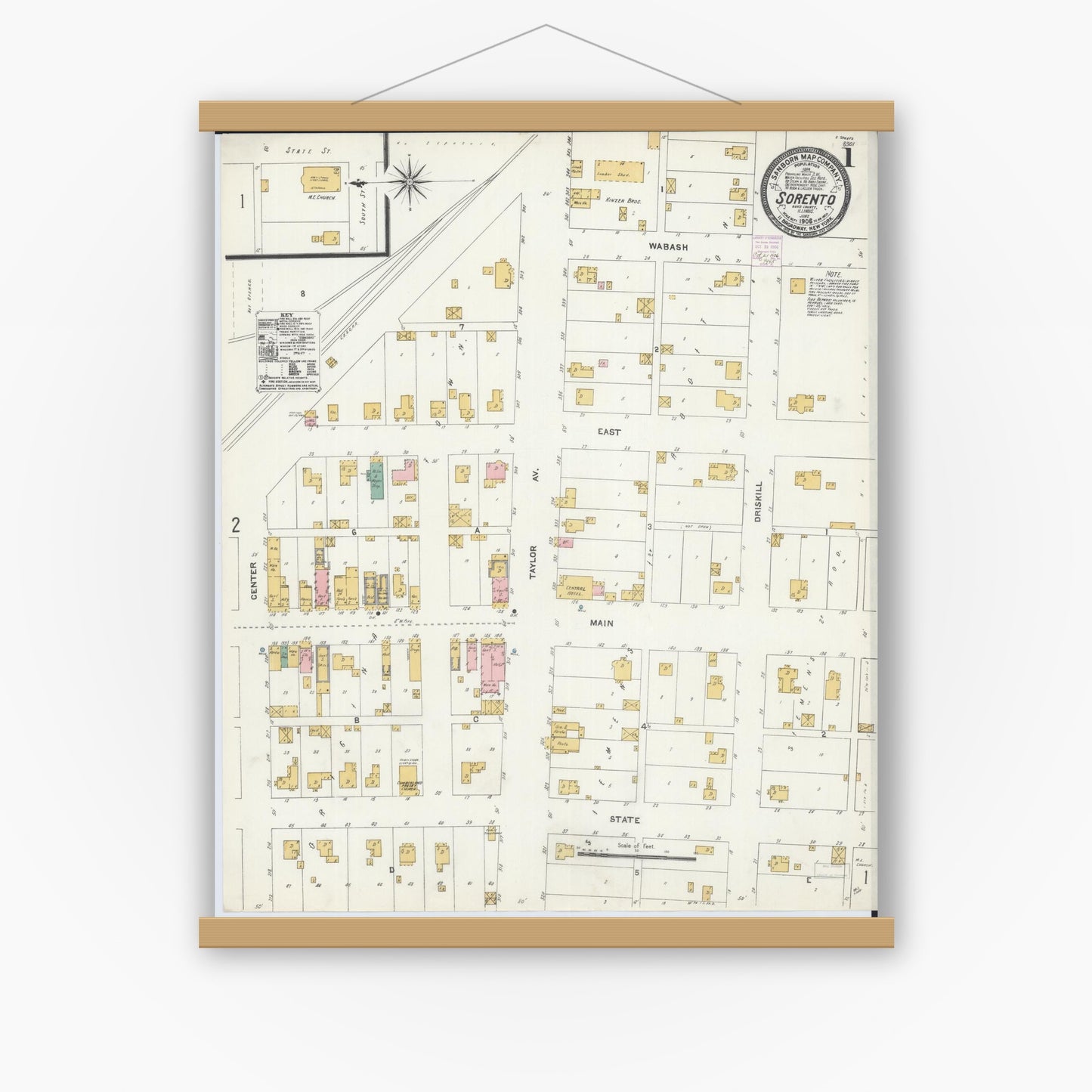 Old map wall art mockup — magnetic wood frame on white wall — Sanborn Fire Insurance Map from Sorento, Bond County, Illinois (1906) - Complete Map Set