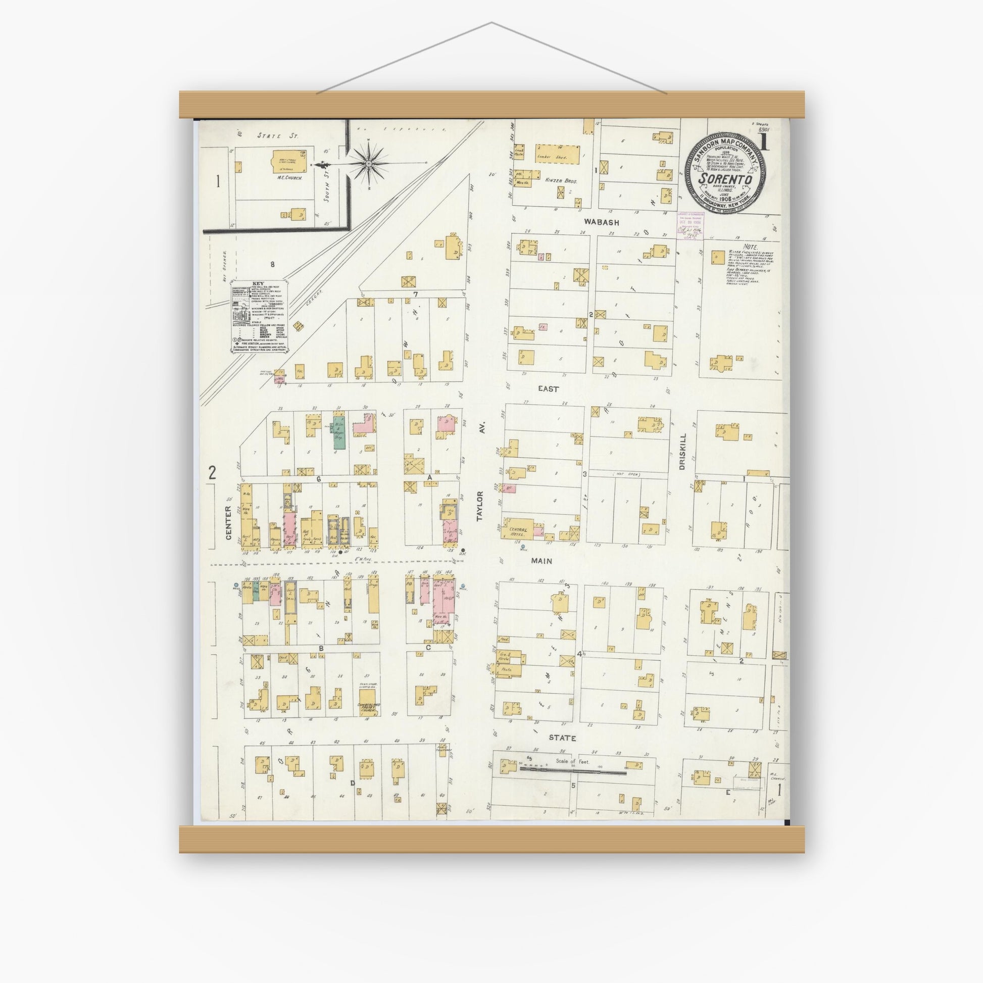 Old map wall art mockup — magnetic wood frame on white wall — Sanborn Fire Insurance Map from Sorento, Bond County, Illinois (1906) - Complete Map Set
