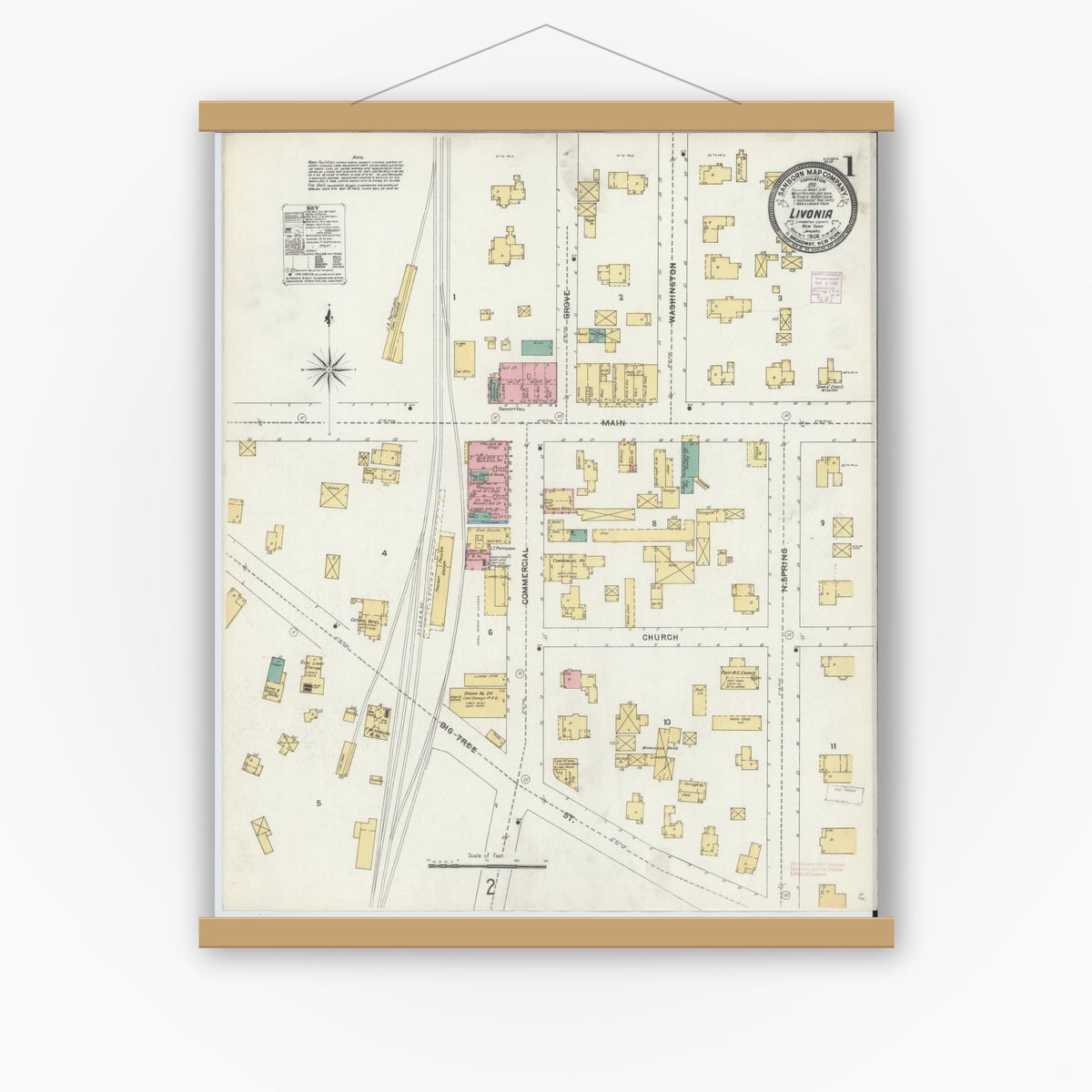 Old map wall art mockup — magnetic wood frame on white wall — Sanborn Fire Insurance Map from Livonia, Livingston County, New York (1906) - Complete Map Set