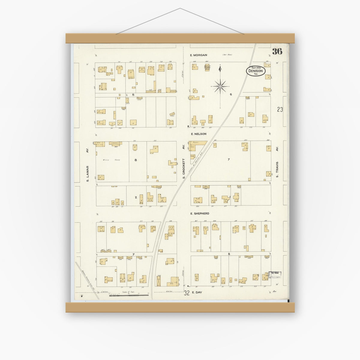 Old map wall art mockup — magnetic wood frame on white wall — Sanborn Fire Insurance Map from Denison, Grayson County, Texas (1908), Sheet #0036