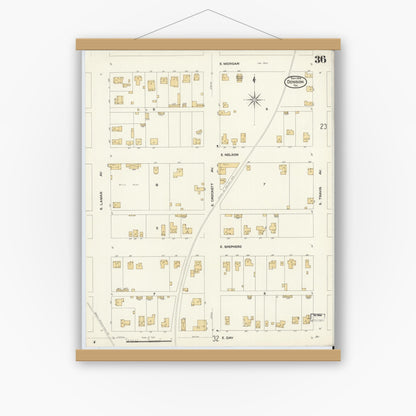 Old map wall art mockup — magnetic wood frame on white wall — Sanborn Fire Insurance Map from Denison, Grayson County, Texas (1908), Sheet #0036