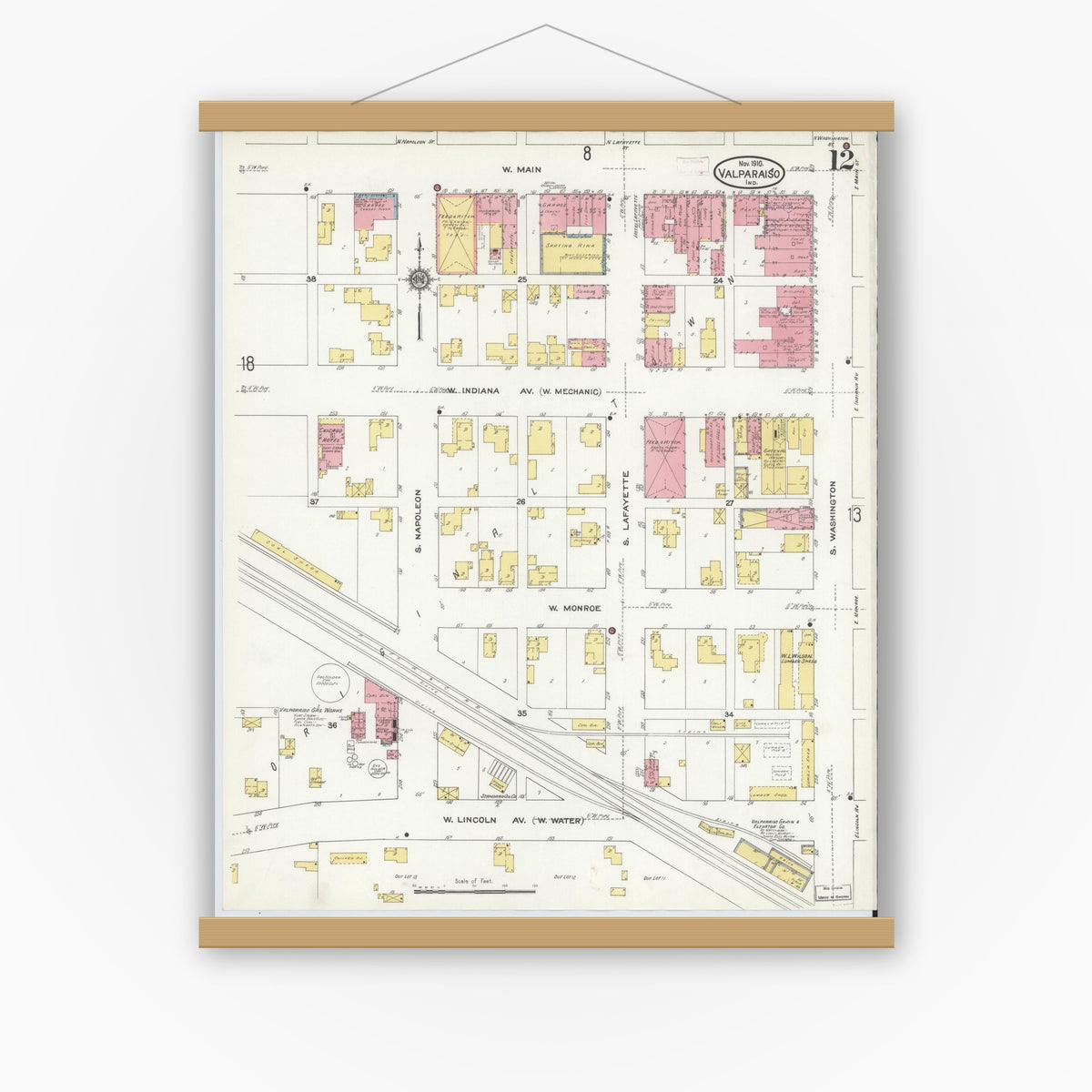Old map wall art mockup — magnetic wood frame on white wall — Sanborn Fire Insurance Map from Valparaiso, Porter County, Indiana (1910), Sheet #0012