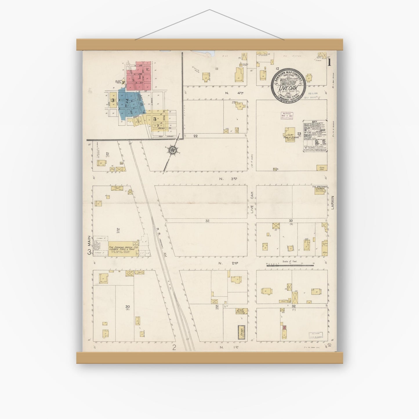 Old map wall art mockup — magnetic wood frame on white wall — Sanborn Fire Insurance Map from Live Oak, Sutter County, California (1914) - Complete Map Set