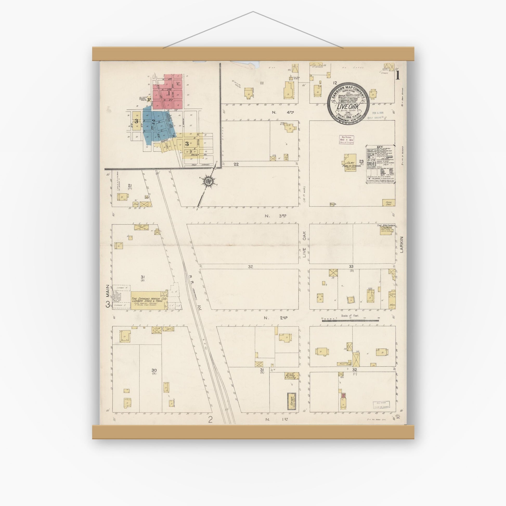Old map wall art mockup — magnetic wood frame on white wall — Sanborn Fire Insurance Map from Live Oak, Sutter County, California (1914) - Complete Map Set