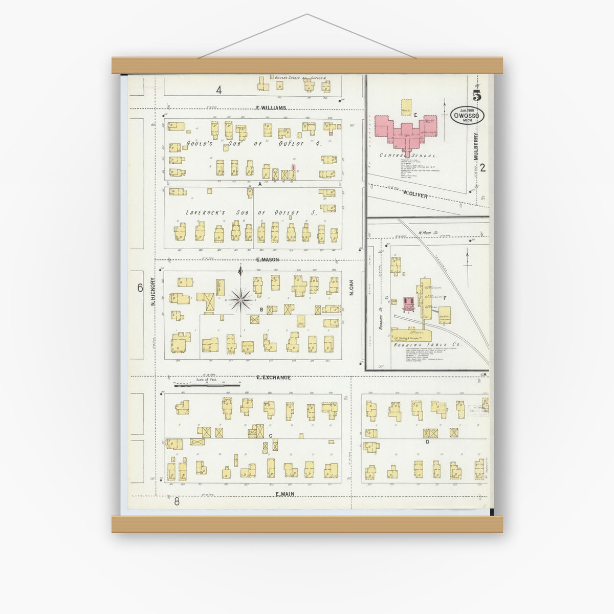 Old map wall art mockup — magnetic wood frame on white wall — Sanborn Fire Insurance Map from Owosso, Shiawassee County, Michigan (1900), Sheet #0005