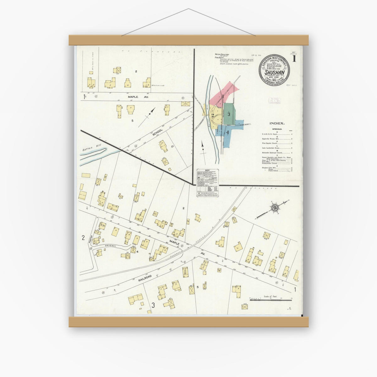 Old map wall art mockup — magnetic wood frame on white wall — Sanborn Fire Insurance Map from Shushan, Washington County, New York (1912) - Complete Map Set