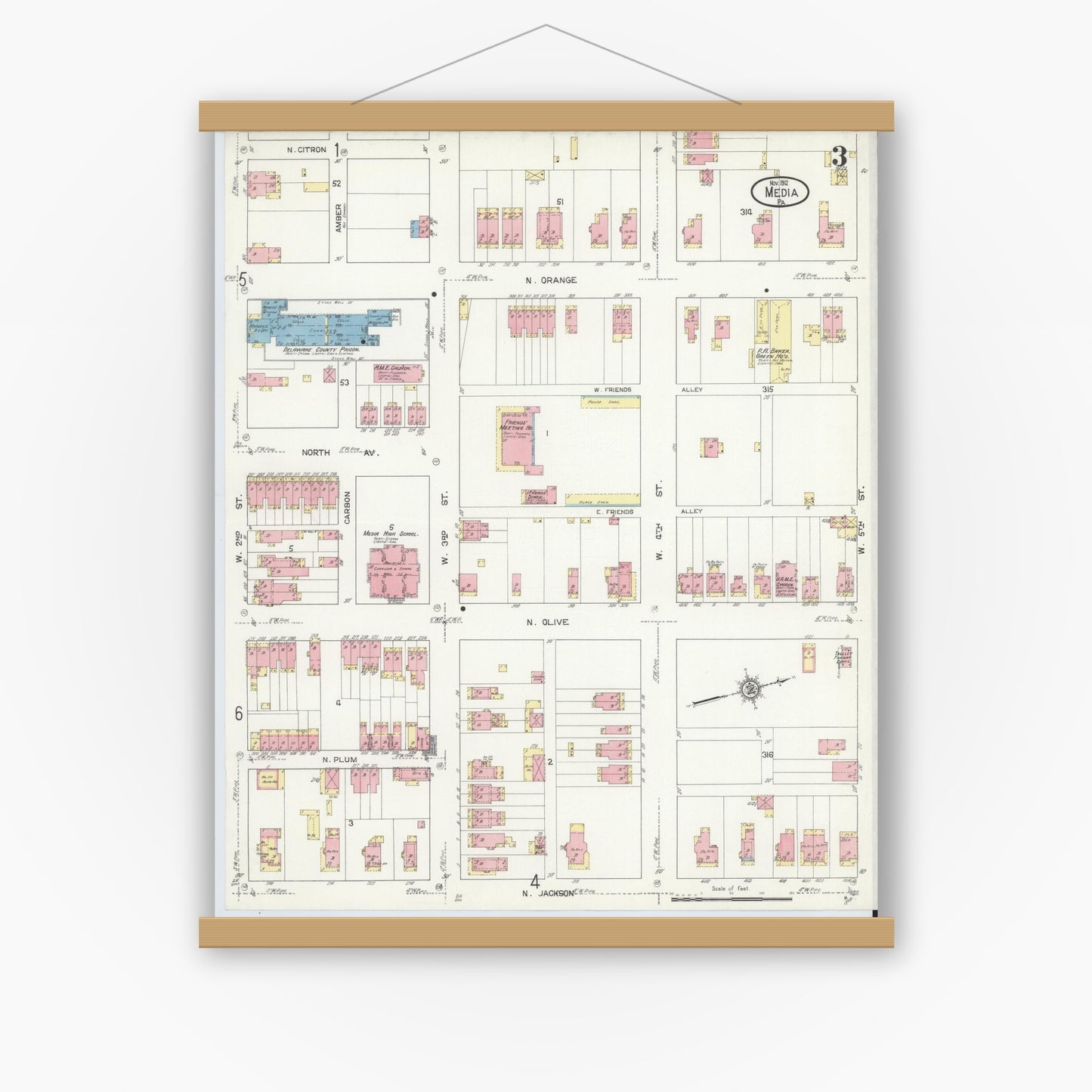 Old map wall art mockup — magnetic wood frame on white wall — Sanborn Fire Insurance Map from Media, Delaware County, Pennsylvania (1912), Sheet #0003