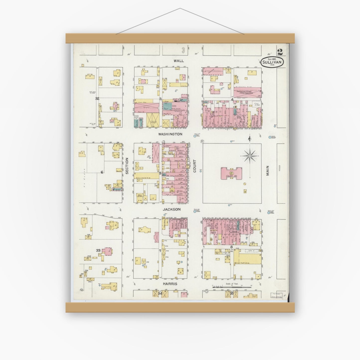 Old map wall art mockup — magnetic wood frame on white wall — Sanborn Fire Insurance Map from Sullivan, Sullivan County, Indiana (1892), Sheet #0002