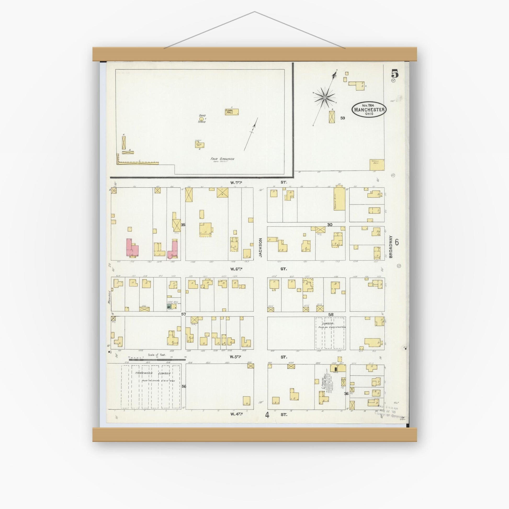 Old map wall art mockup — magnetic wood frame on white wall — Sanborn Fire Insurance Map from Manchester, Adams County, Ohio (1904), Sheet #0005