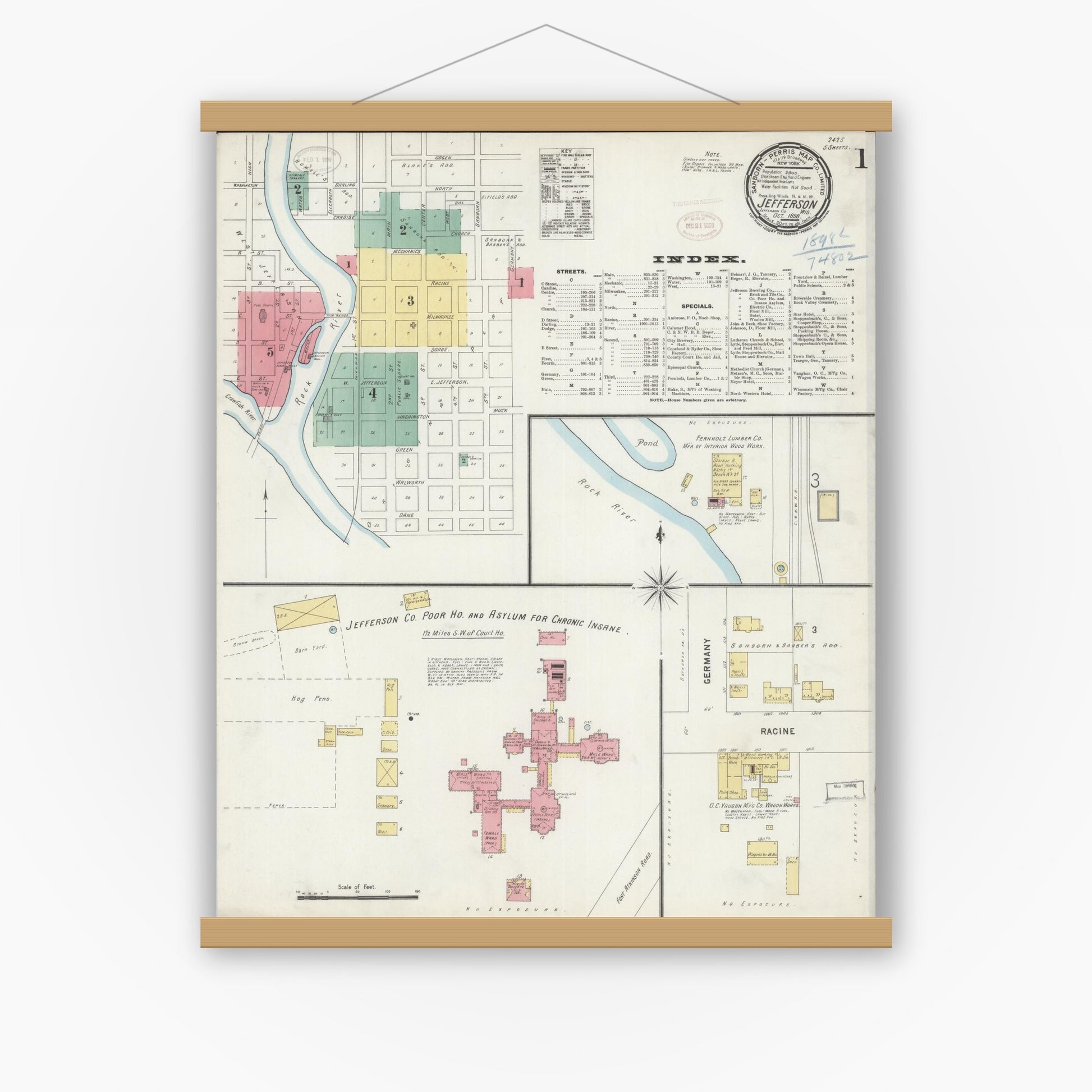 Old map wall art mockup — magnetic wood frame on white wall — Sanborn Fire Insurance Map from Jefferson, Jefferson County, Wisconsin (1898) - Complete Map Set