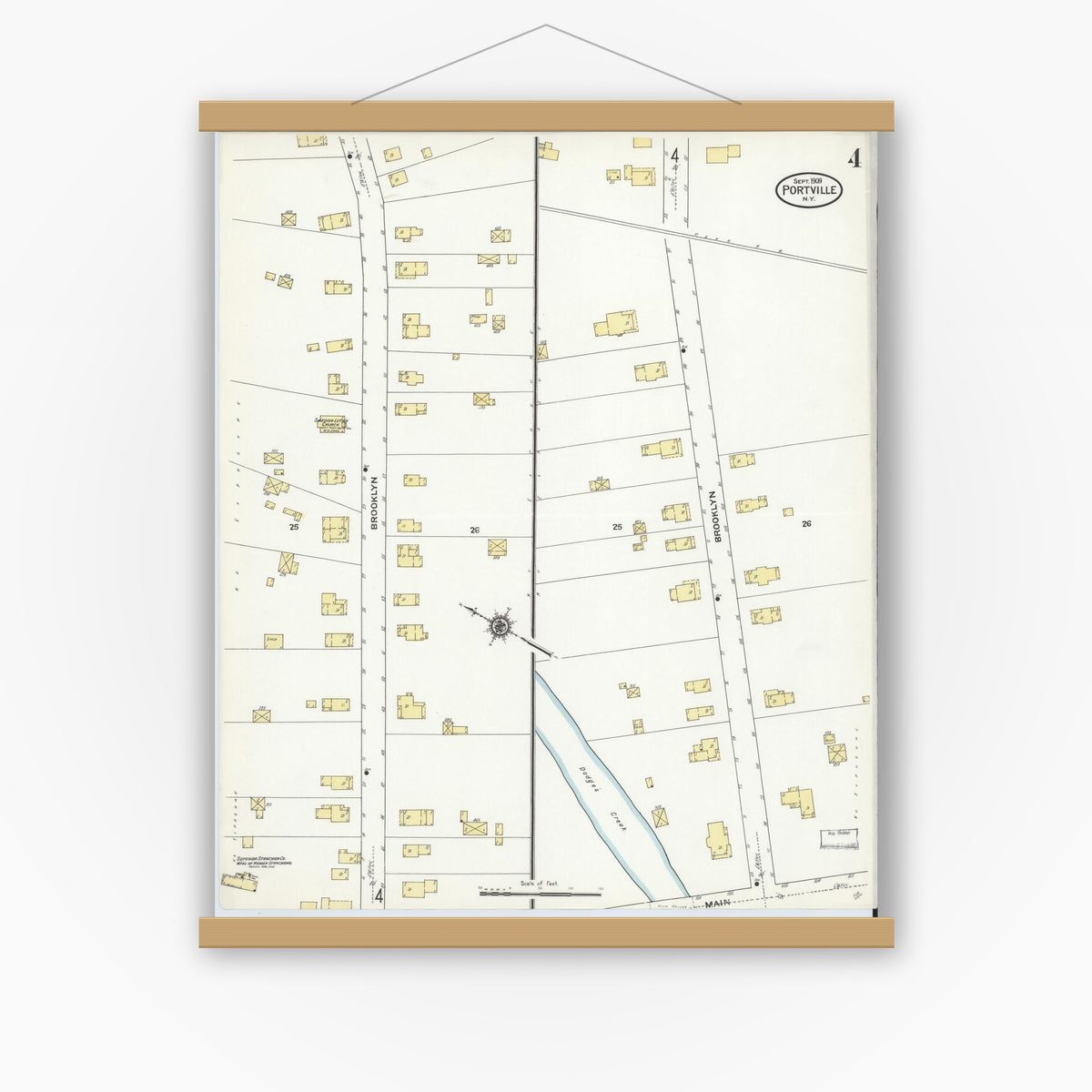 Old map wall art mockup — magnetic wood frame on white wall — Sanborn Fire Insurance Map from Portville, Cattaraugus County, New York (1909), Sheet #0004