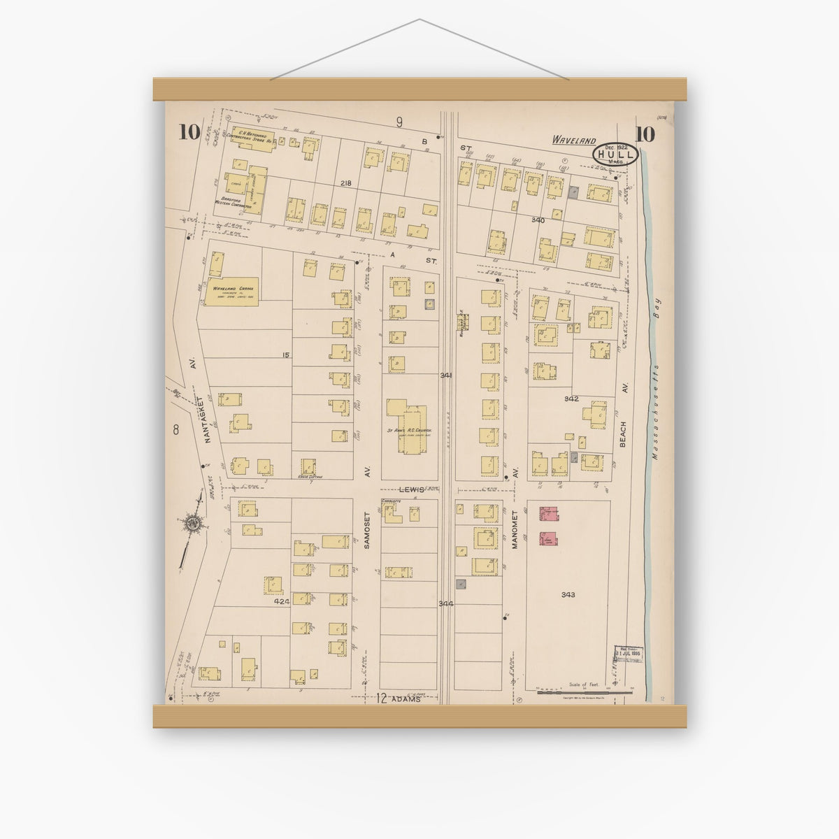 Old map wall art mockup — magnetic wood frame on white wall — Sanborn Fire Insurance Map from Hull, Plymouth County, Massachusetts (1922), Sheet #0010