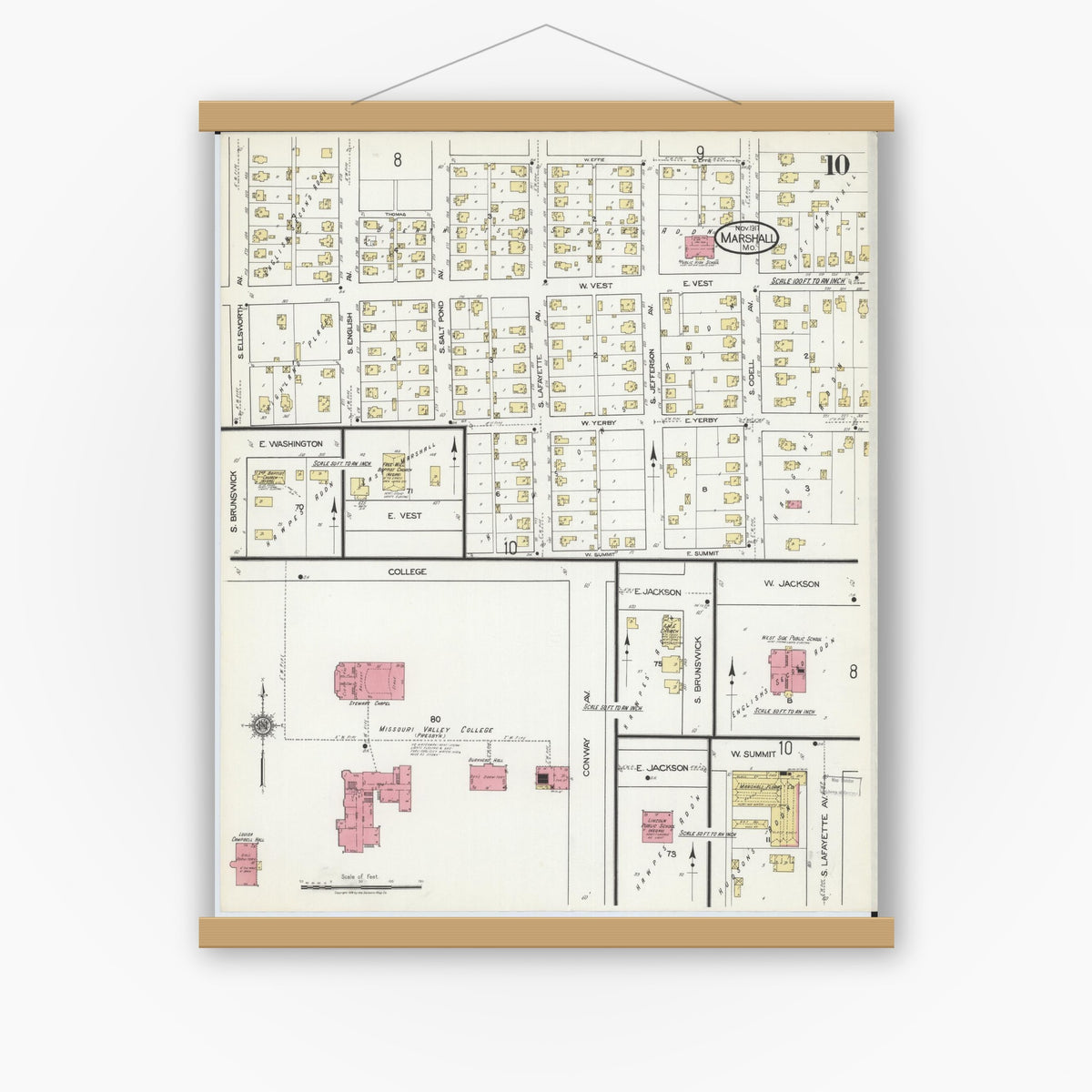 Old map wall art mockup — magnetic wood frame on white wall — Sanborn Fire Insurance Map from Marshall, Saline County, Missouri (1917), Sheet #0010