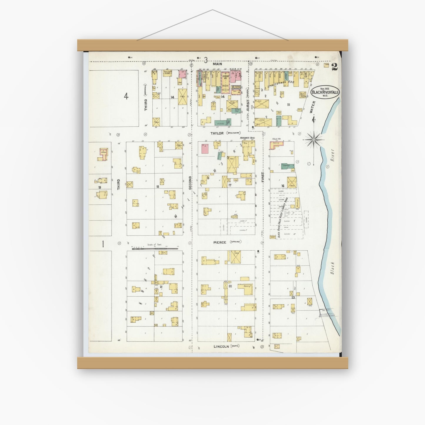 Old map wall art mockup — magnetic wood frame on white wall — Sanborn Fire Insurance Map from Black River Falls, Jackson County, Wisconsin (1902), Sheet #0002