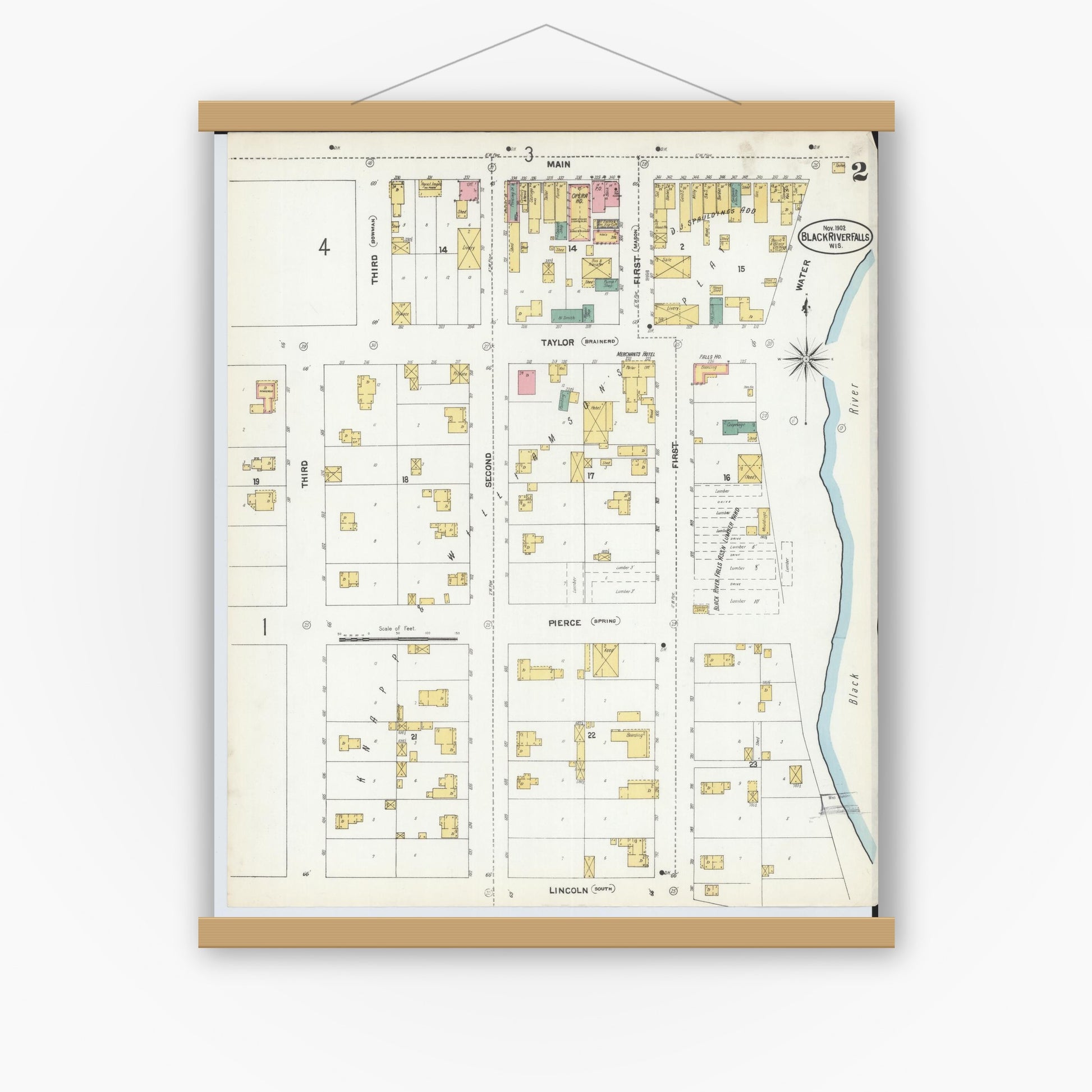 Old map wall art mockup — magnetic wood frame on white wall — Sanborn Fire Insurance Map from Black River Falls, Jackson County, Wisconsin (1902), Sheet #0002
