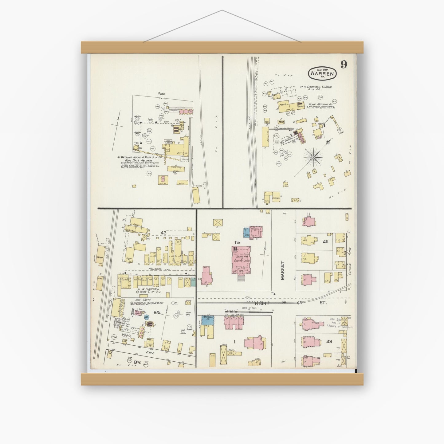 Old map wall art mockup — magnetic wood frame on white wall — Sanborn Fire Insurance Map from Warren, Warren County, Pennsylvania (1892), Sheet #0009