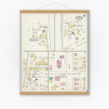 Old map wall art mockup — magnetic wood frame on white wall — Sanborn Fire Insurance Map from Warren, Warren County, Pennsylvania (1892), Sheet #0009
