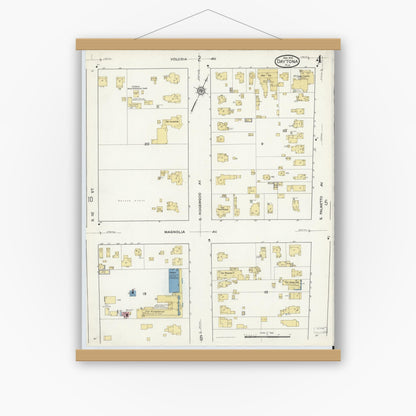 Old map wall art mockup — magnetic wood frame on white wall — Sanborn Fire Insurance Map from Daytona, Volusia County, Florida (1916), Sheet #0004