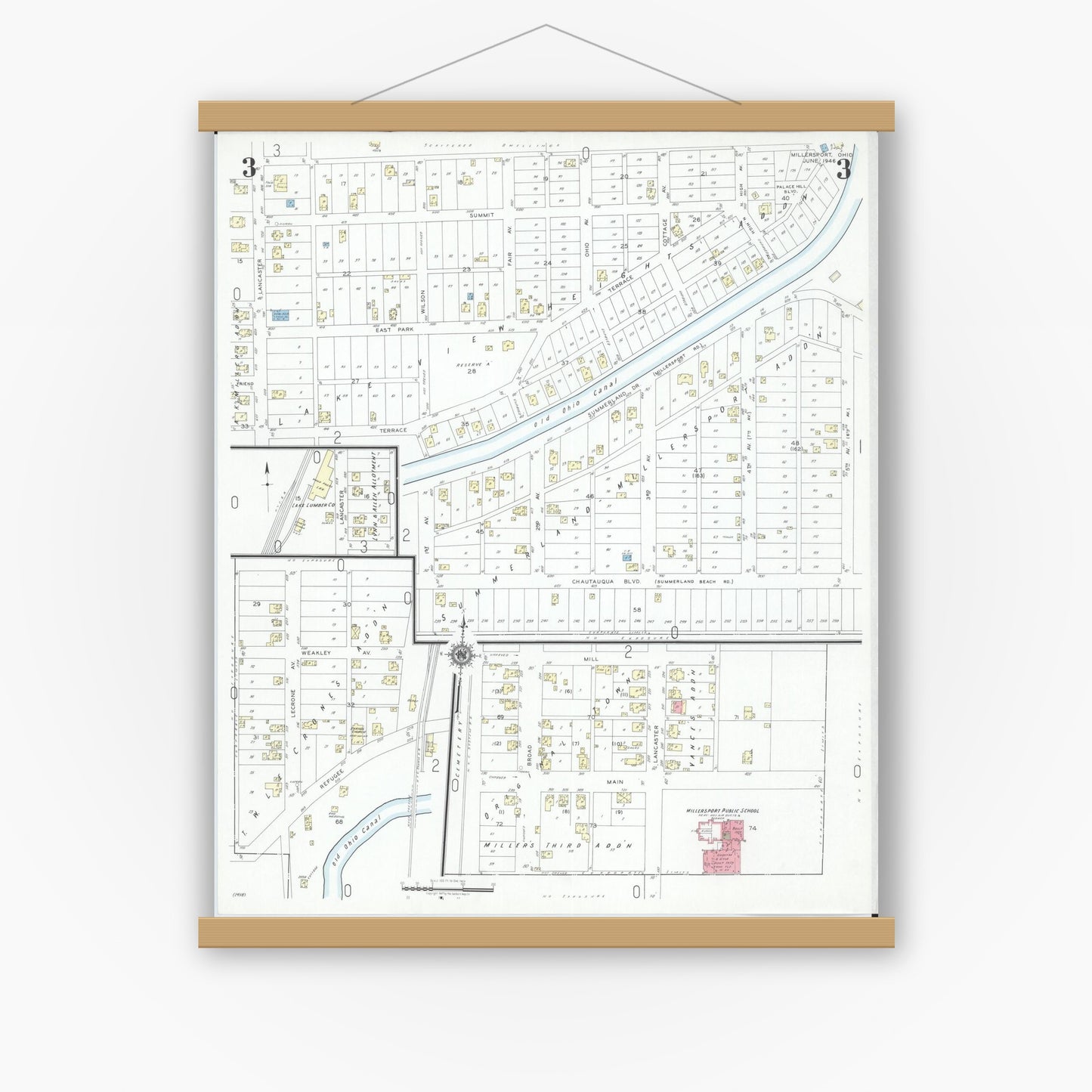 Old map wall art mockup — magnetic wood frame on white wall — Sanborn Fire Insurance Map from Millersport, Fairfield County, Ohio (1946), Sheet #0003