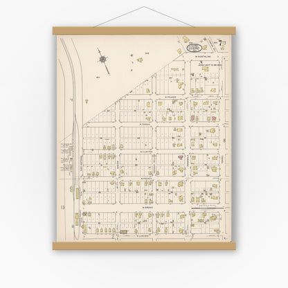 Old map wall art mockup — magnetic wood frame on white wall — Sanborn Fire Insurance Map from Cuero, De Witt County, Texas (1922), Sheet #0007