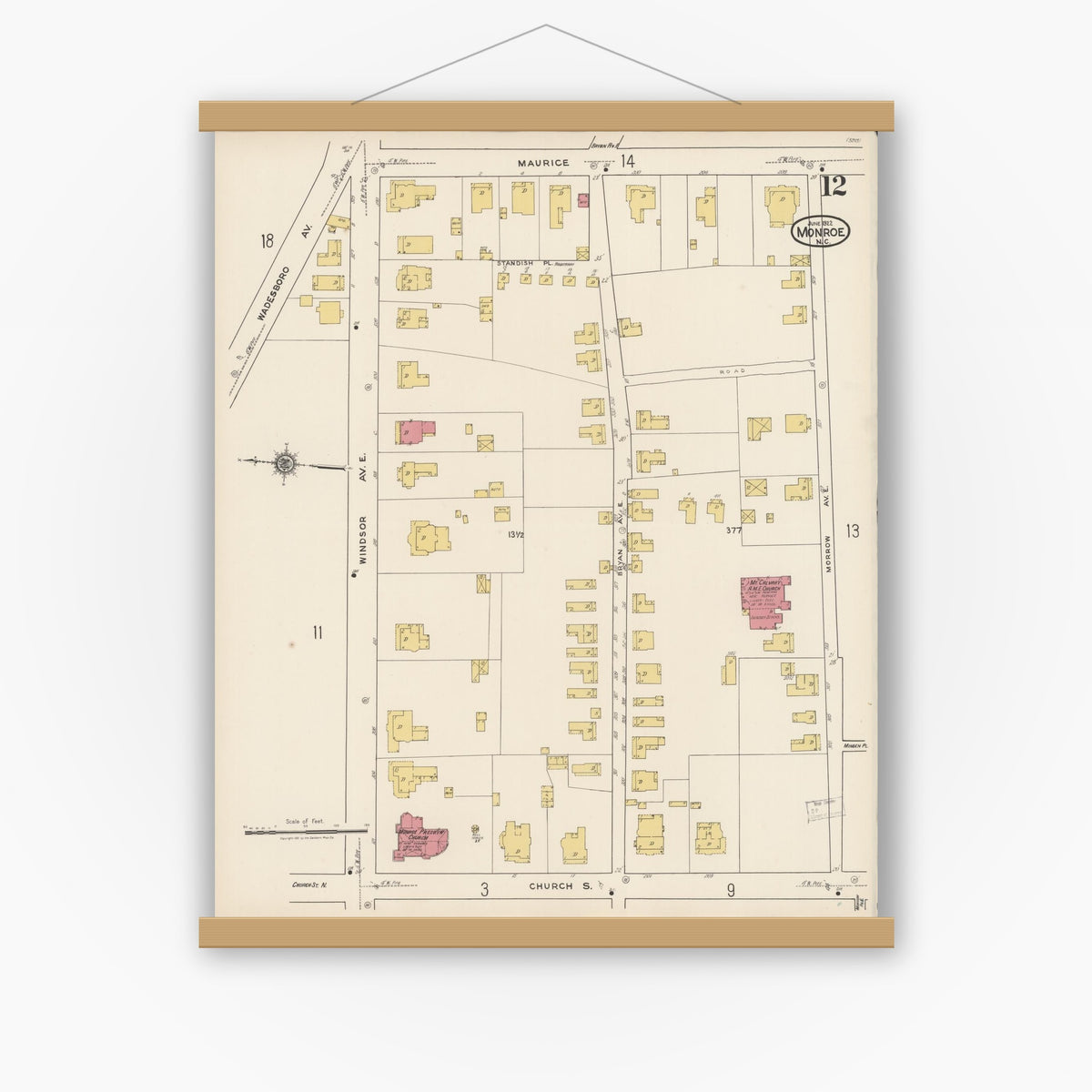 Old map wall art mockup — magnetic wood frame on white wall — Sanborn Fire Insurance Map from Monroe, Union County, North Carolina (1922), Sheet #0012