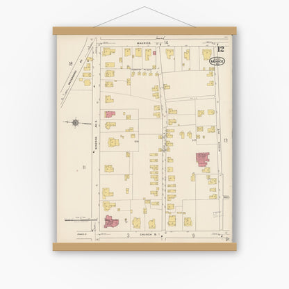 Old map wall art mockup — magnetic wood frame on white wall — Sanborn Fire Insurance Map from Monroe, Union County, North Carolina (1922), Sheet #0012