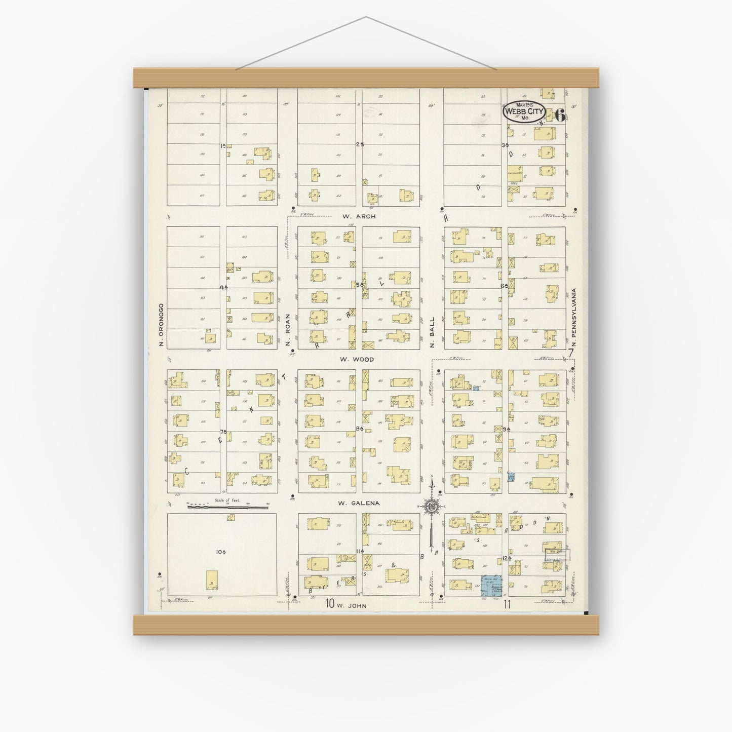 Old map wall art mockup — magnetic wood frame on white wall — Sanborn Fire Insurance Map from Webb City, Jasper County, Missouri (1915), Sheet #0006