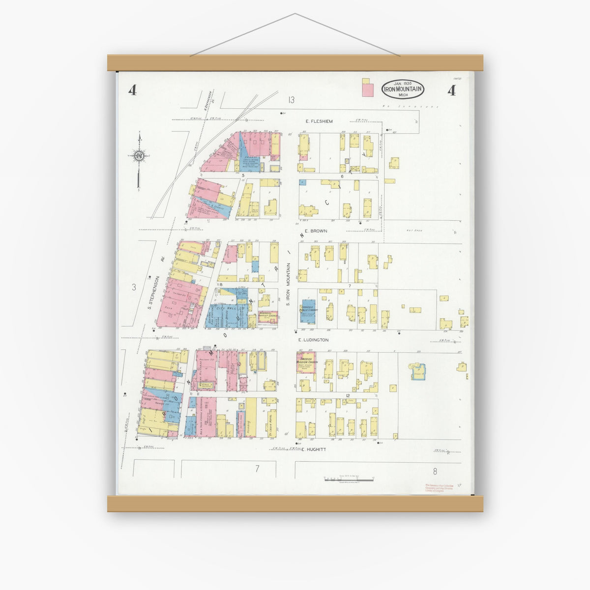 Old map wall art mockup — magnetic wood frame on white wall — Sanborn Fire Insurance Map from Iron Mountain, Dickinson County, Michigan (1930), Sheet #0004