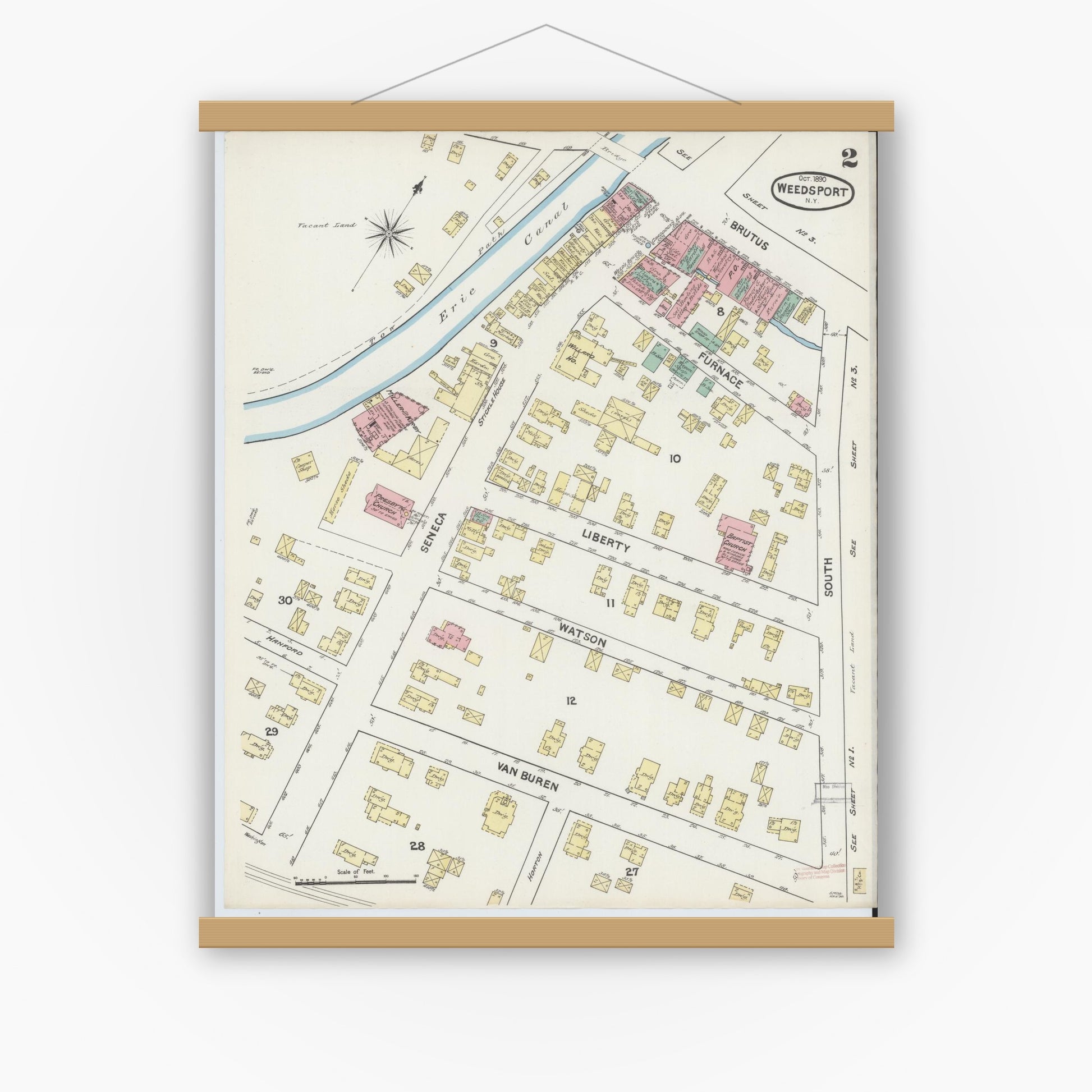 Old map wall art mockup — magnetic wood frame on white wall — Sanborn Fire Insurance Map from Weedsport, Cayuga County, New York (1890), Sheet #0002