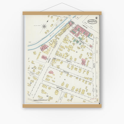 Old map wall art mockup — magnetic wood frame on white wall — Sanborn Fire Insurance Map from Weedsport, Cayuga County, New York (1890), Sheet #0002