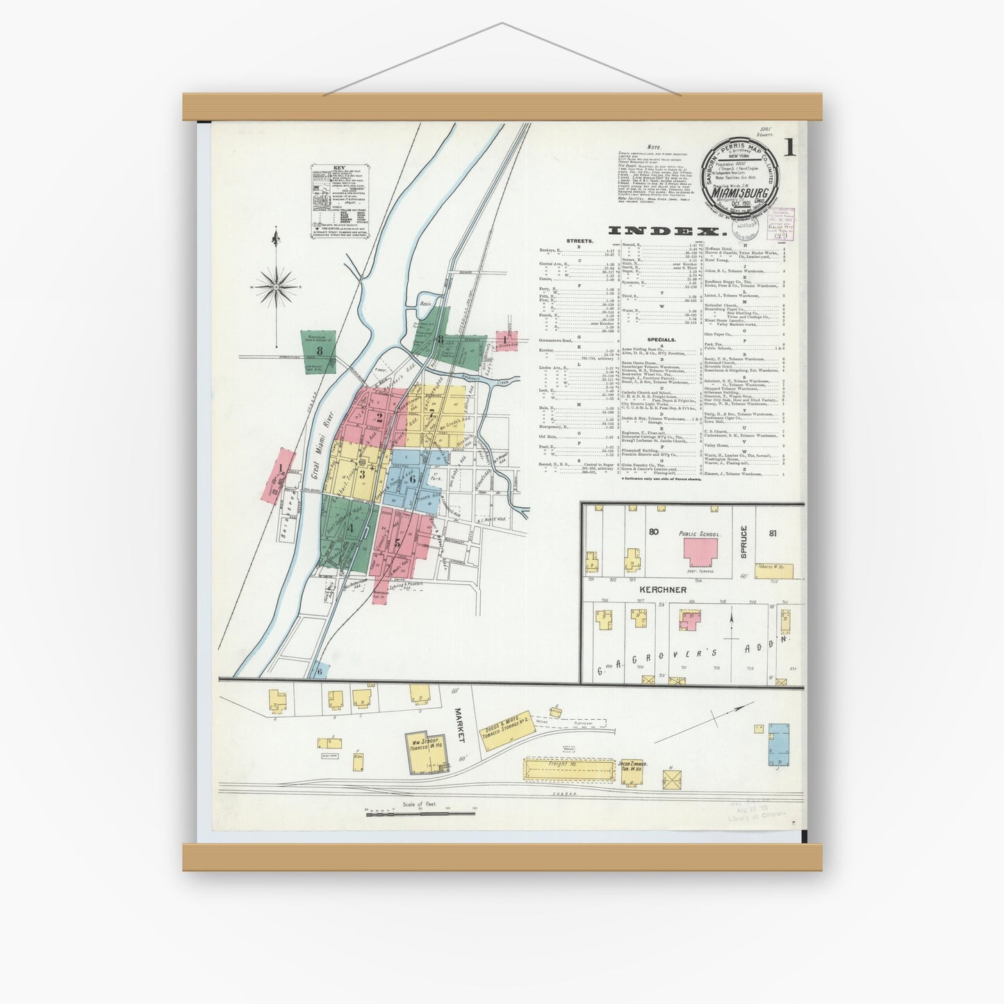 Old map wall art mockup — magnetic wood frame on white wall — Sanborn Fire Insurance Map from Miamisburg, Montgomery County, Ohio (1901) - Complete Map Set